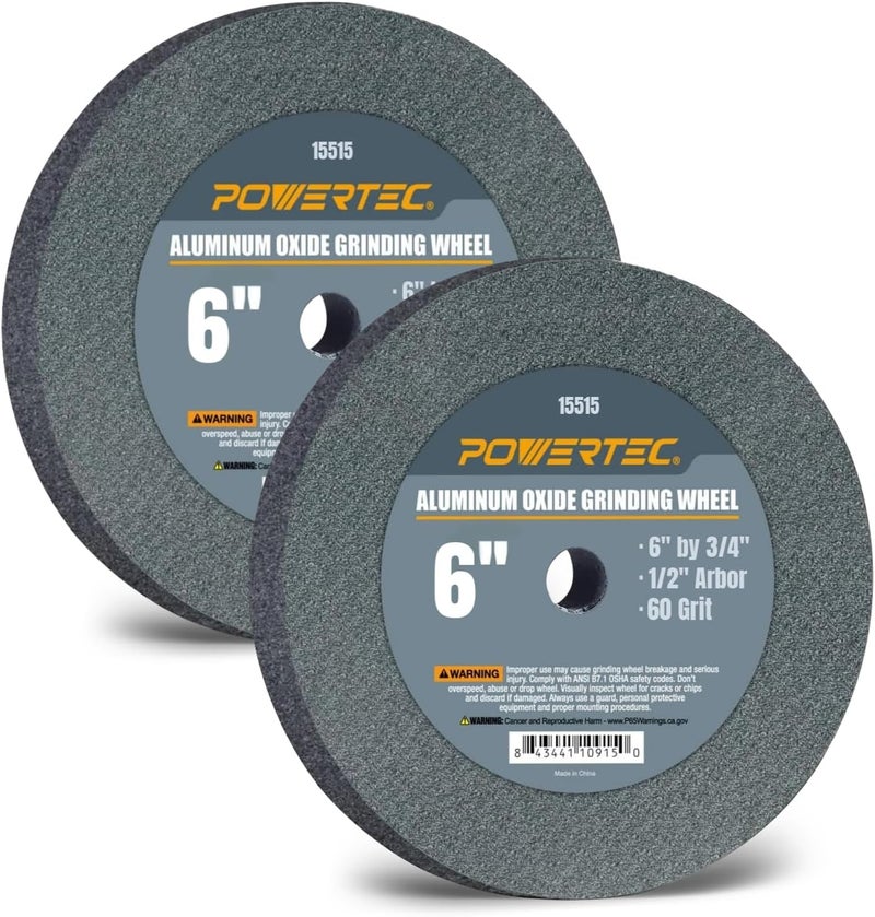 POWERTEC Bench Grinder Wheel 6 Inch 60 Grit, Aluminum Oxide Grinding Wheel for Bench Pedestal Grinder, 3/4" Thick 1/2" Arbor, Sharpening & Shaping Drill Bits, Blade, and Chisel 2PK (15515-P2) - Image 1